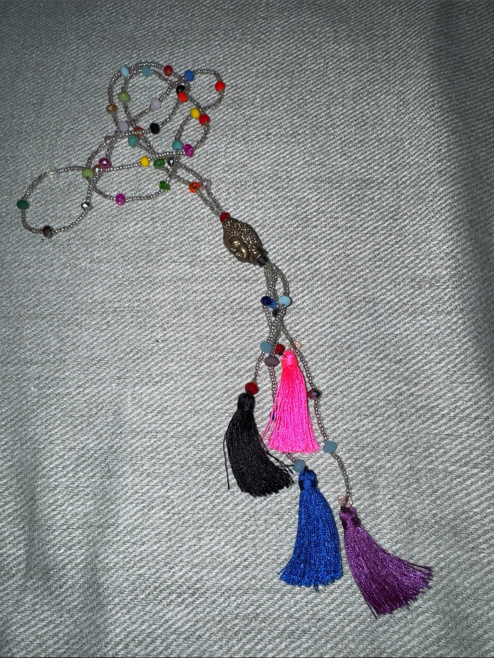 Multicolor Beaded Tassel Necklace with Pink, Black, Blue & Purple Accents